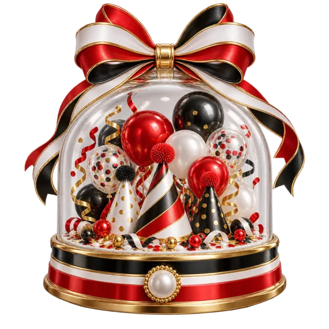 Red, white and black celebration dome with balloons