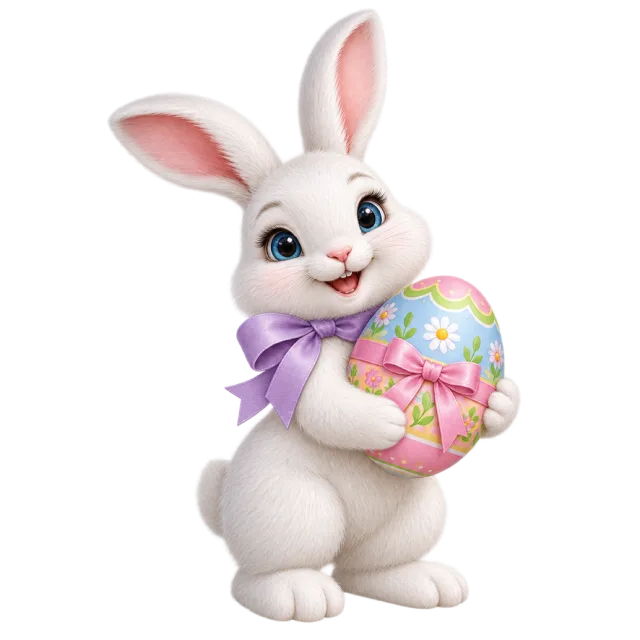 A white rabbit with a lavender bow holding a pastel patterned Easter egg