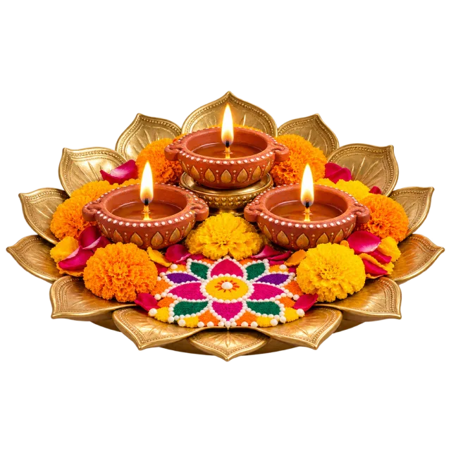 Three lit oil lamps in a flower-filled lotus tray