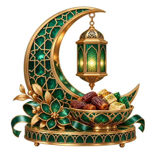 Green crescent centerpiece with a lantern and sweets