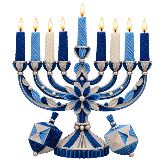 Blue and white nine-candle holder with two geometric spinning tops