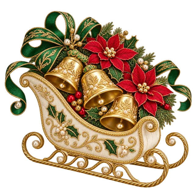 Ornate sleigh holding golden bells and red poinsettias