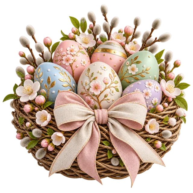 Pastel decorated eggs in a floral nest with a pink bow