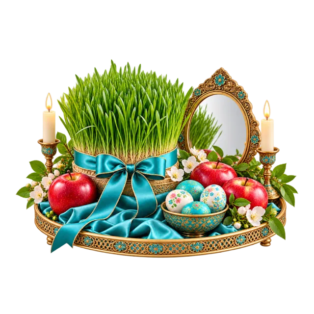 Spring tray with green sprouts, painted eggs, fruit and a mirror