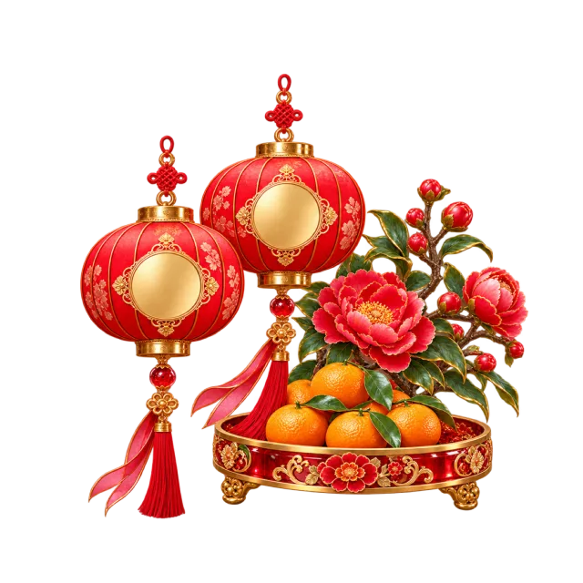 Red lanterns above a fruit tray with blossoms