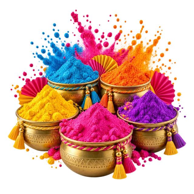 Bright colored powder bowls with splashes and paper fans