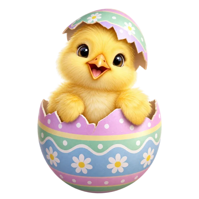 A smiling yellow chick emerging from a pastel egg decorated with daisies