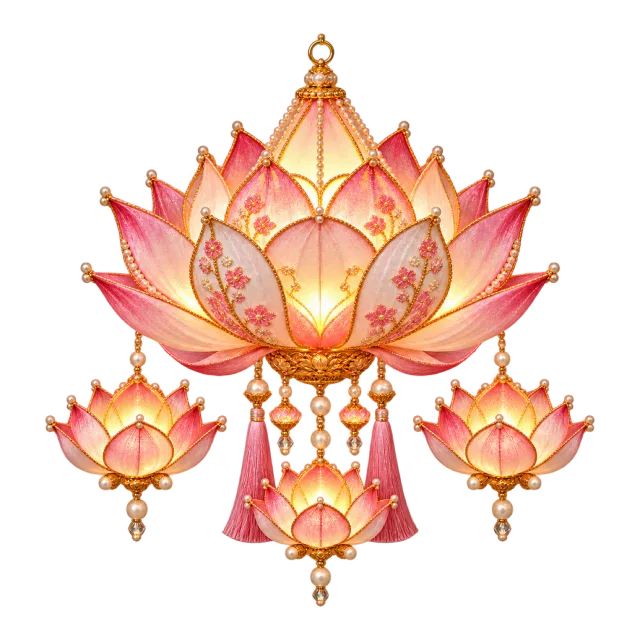Pink lotus-shaped hanging lantern with smaller flower lights