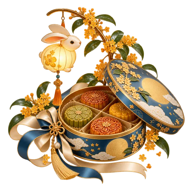 Open decorated mooncake tin with flowers and a rabbit lantern