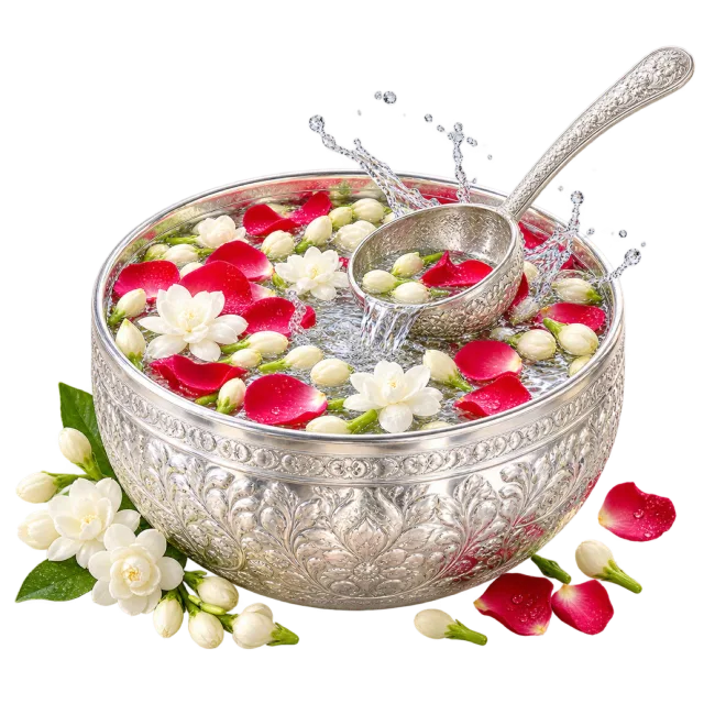 Silver-colored water bowl with flower petals and a ladle