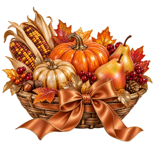 Autumn harvest basket with pumpkins, corn and wheat