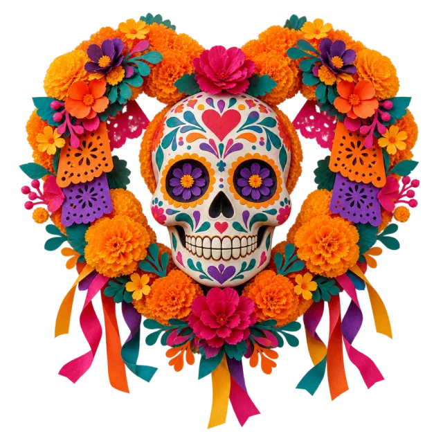 Floral heart arrangement framing a colorful decorative skull