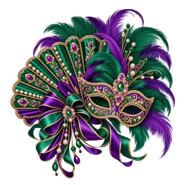 Purple and green feather fan with an ornate mask