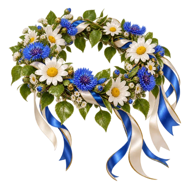 White daisy and blue flower crown with trailing ribbons