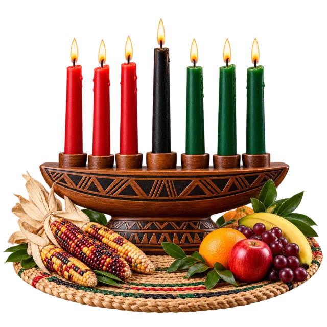 Seven-candle holder with red, black and green candles and harvest produce