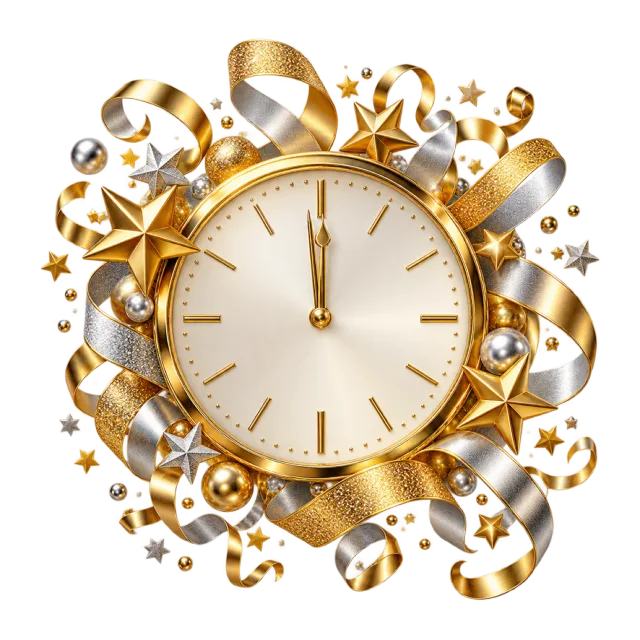 Golden midnight clock surrounded by ribbons and stars