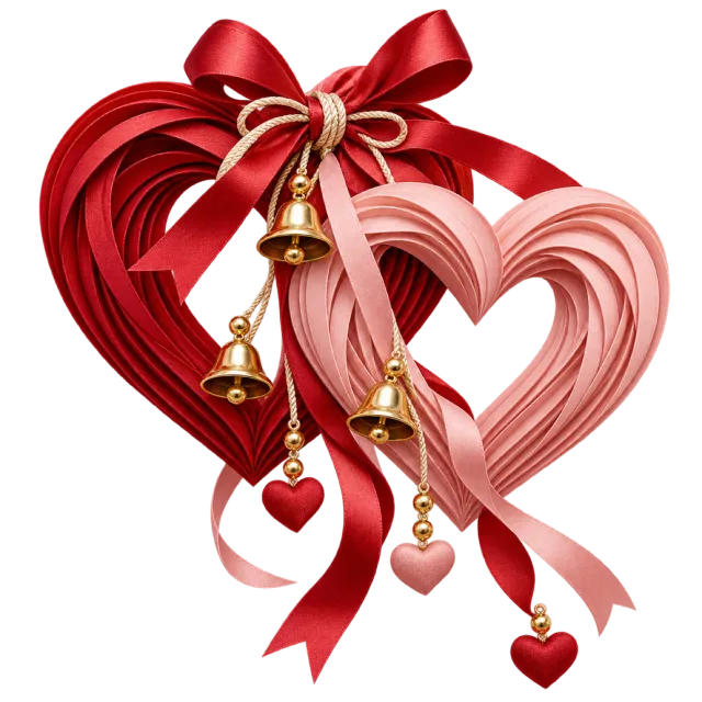 Red and pink ribbon hearts with small golden bells
