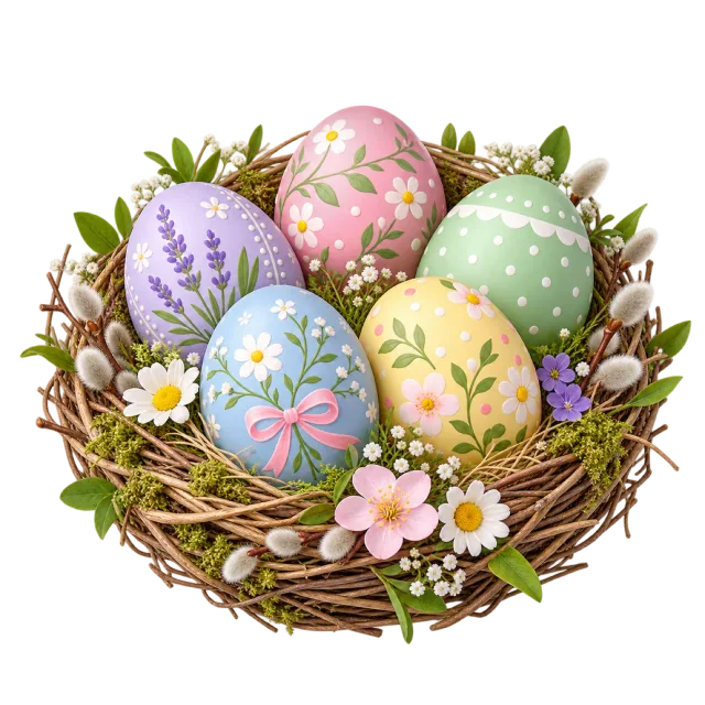 Pastel floral Easter eggs arranged in a twig nest with spring flowers