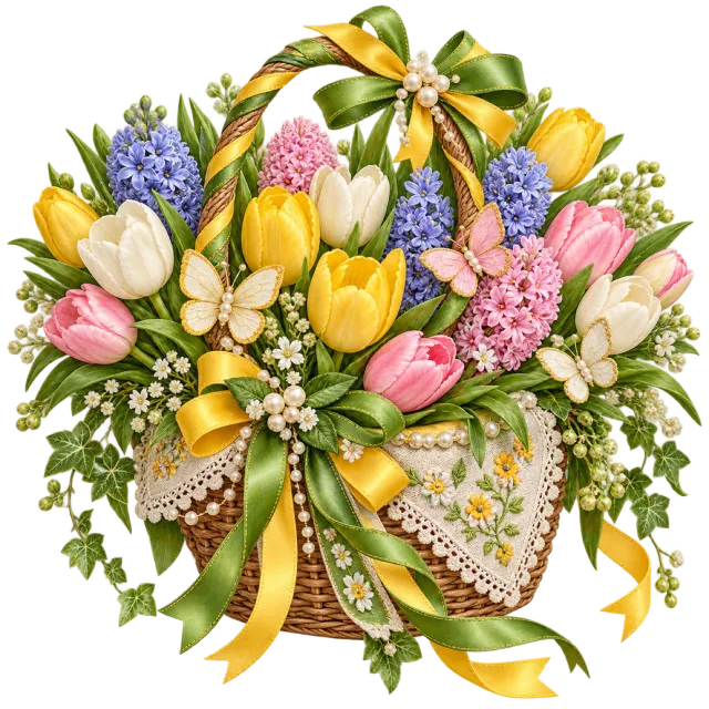 Spring flower basket with tulips and green ribbon