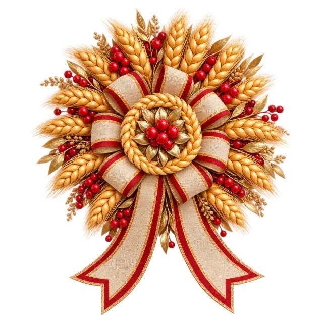 Golden wheat rosette with red berries and cream ribbon