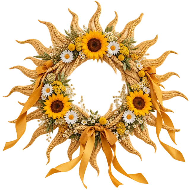 Sun-shaped wreath with sunflowers and white daisies