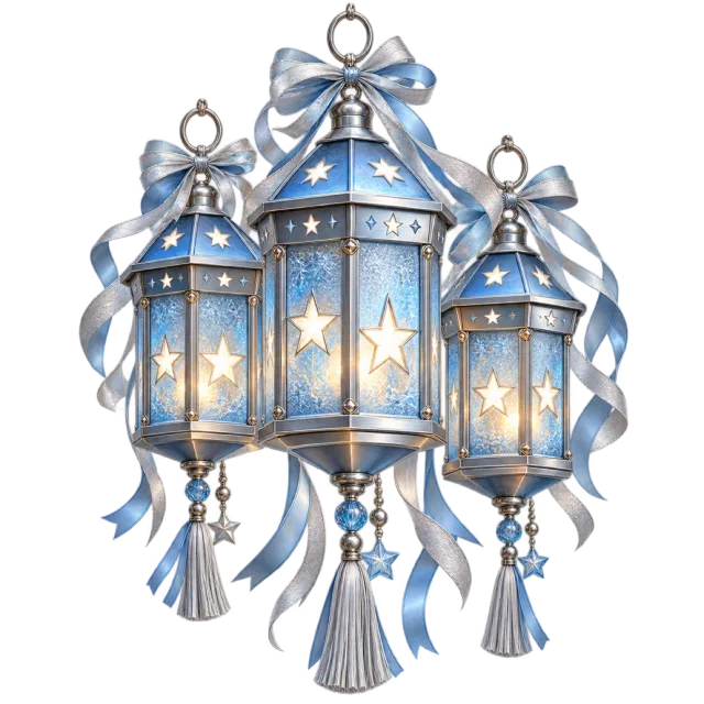 Three pale blue lanterns with silver-colored ribbons