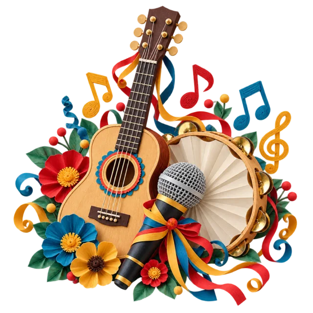 Guitar, drum and microphone with colorful musical notes