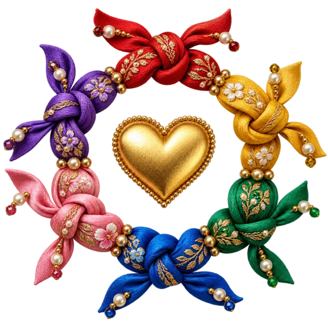 Circle of colorful ribbon knots around a golden heart