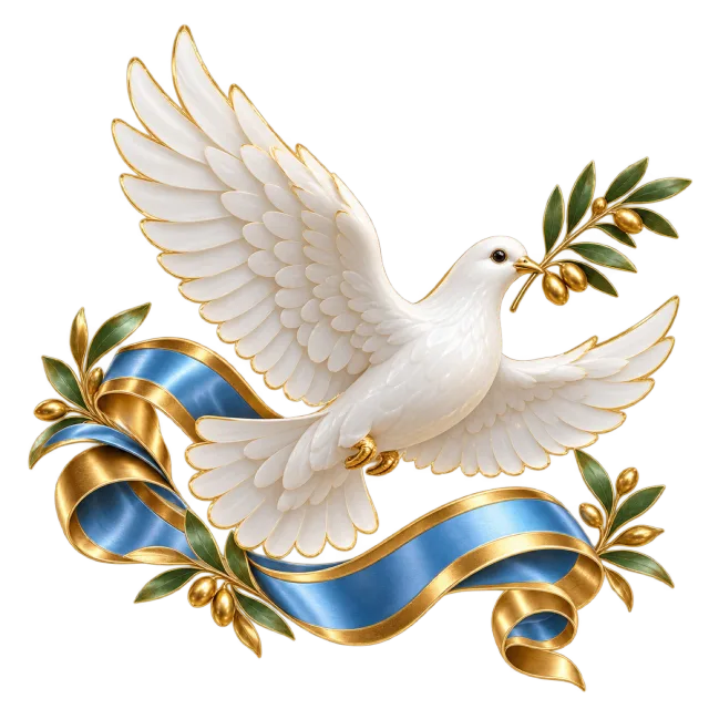 White dove carrying an olive sprig above blue and golden ribbons