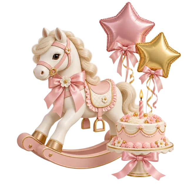 Cream rocking horse beside a pink cake and star balloons