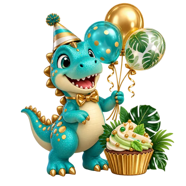 Smiling green dinosaur with birthday balloons and a cupcake