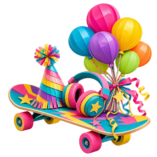 Bright skateboard with headphones, party hat and balloons