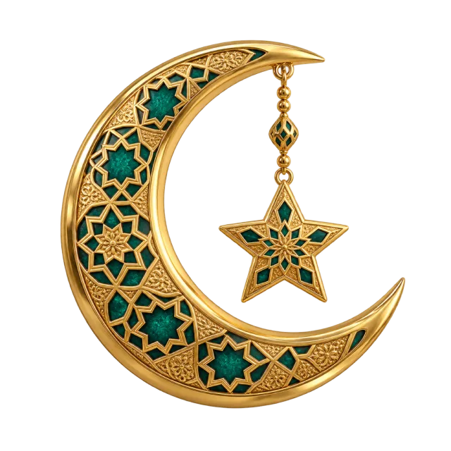An ornate gold crescent with green inlay and a small suspended star