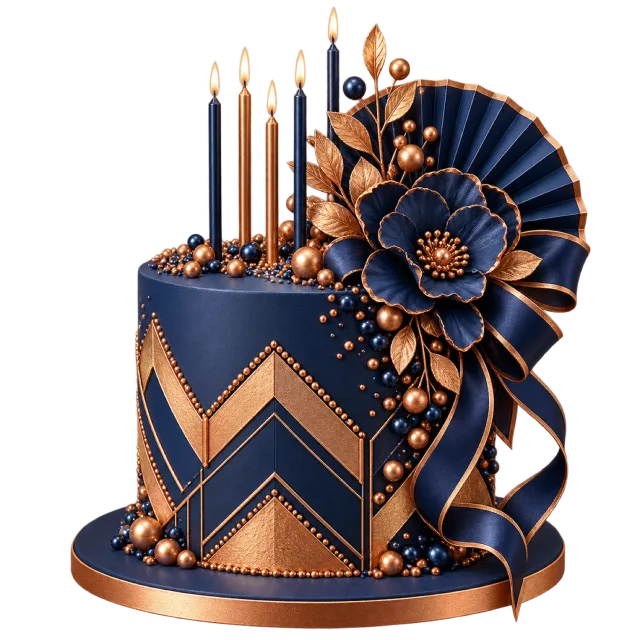 Navy and golden birthday cake with tall candles and paper fans