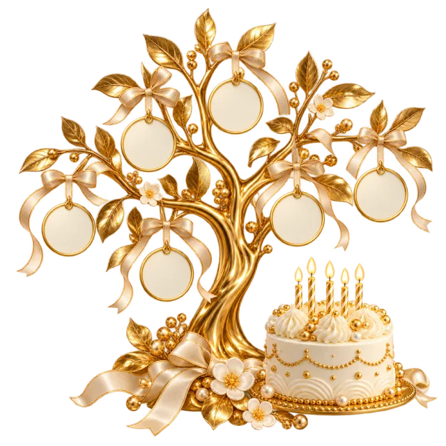 Golden decorative tree beside a small birthday cake