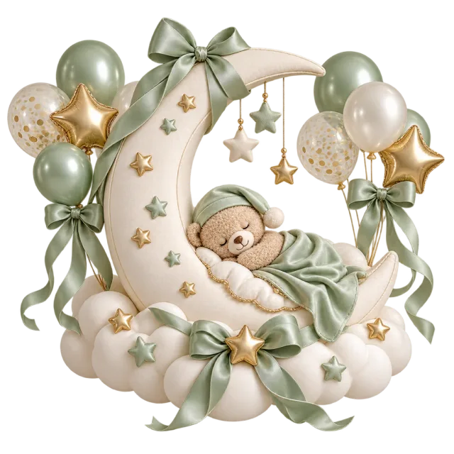 Sleeping baby in a crescent cradle with pale green balloons