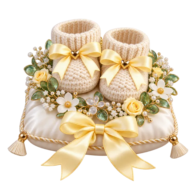 Cream knitted baby booties on a floral cushion
