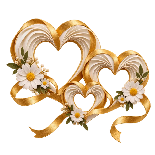 Three interlocking golden hearts with white flowers