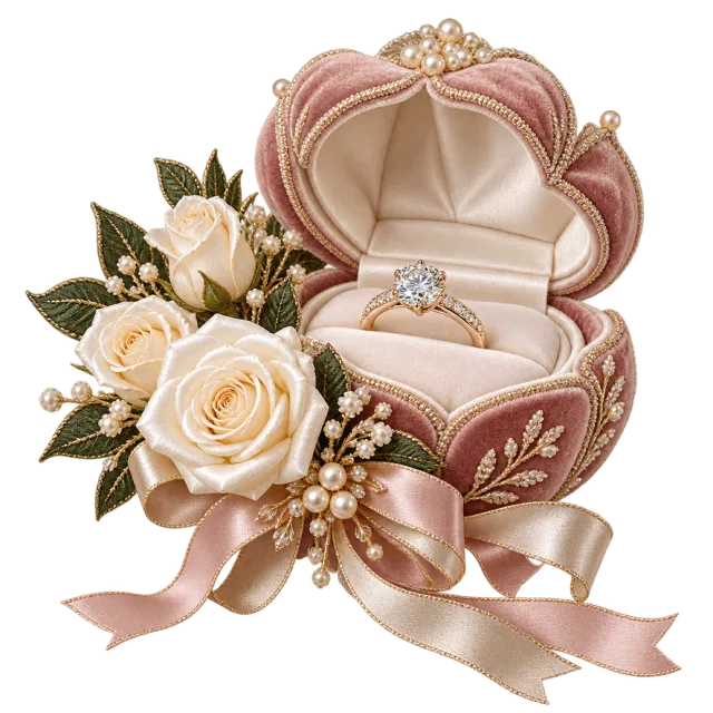 Open pink ring box with cream roses and ribbon
