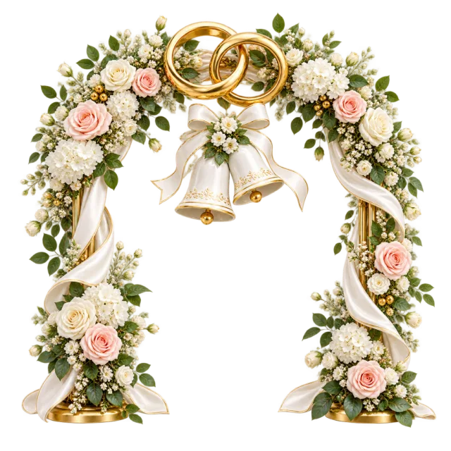 Floral wedding arch with golden rings and white bells