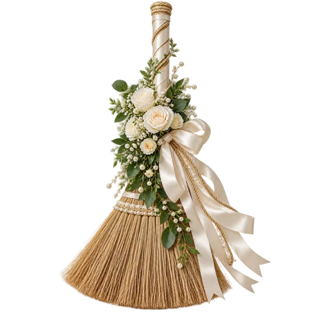 Decorative broom tied with pale ribbons and flowers