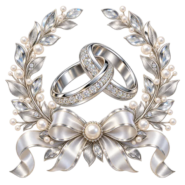 Interlocking silver-colored rings framed by a leafy wreath