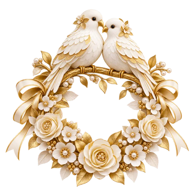 Two white lovebirds above a golden rose wreath