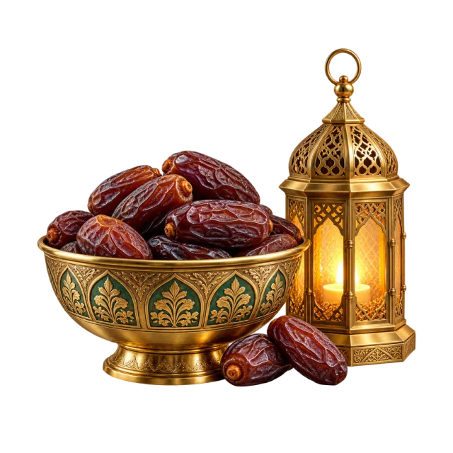 A patterned gold bowl of dates beside a lit lantern