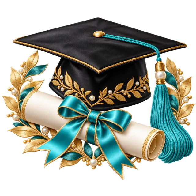 Black graduation cap and rolled diploma with teal ribbon