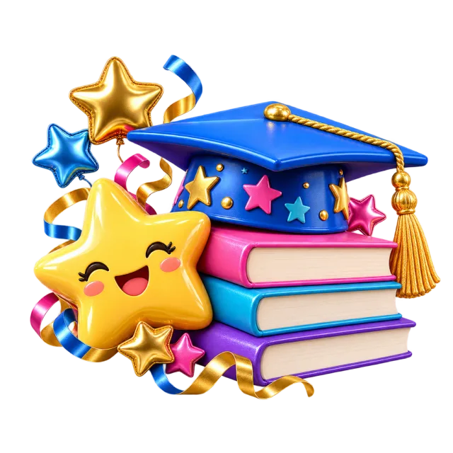 Blue graduation cap on colorful books with a smiling star