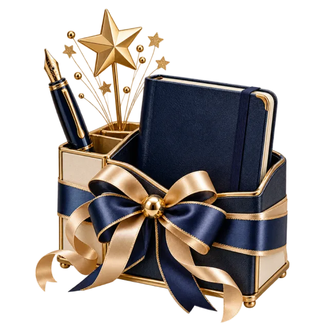 Dark desk organizer with a notebook, pens and golden stars
