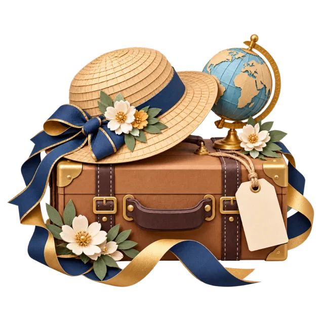 Travel suitcase with a straw hat, globe and navy ribbon