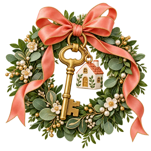 Green housewarming wreath with a golden key and miniature house