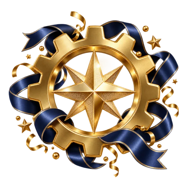 Golden gear centerpiece with a star and navy ribbons